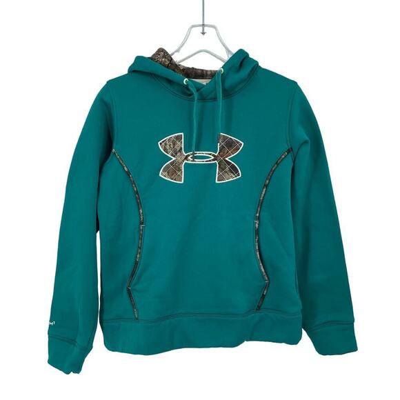 Under Armour Hooded Sweatshirt Women's Size M Teal Camouflage Logo Hoodie - Picture 1 of 8